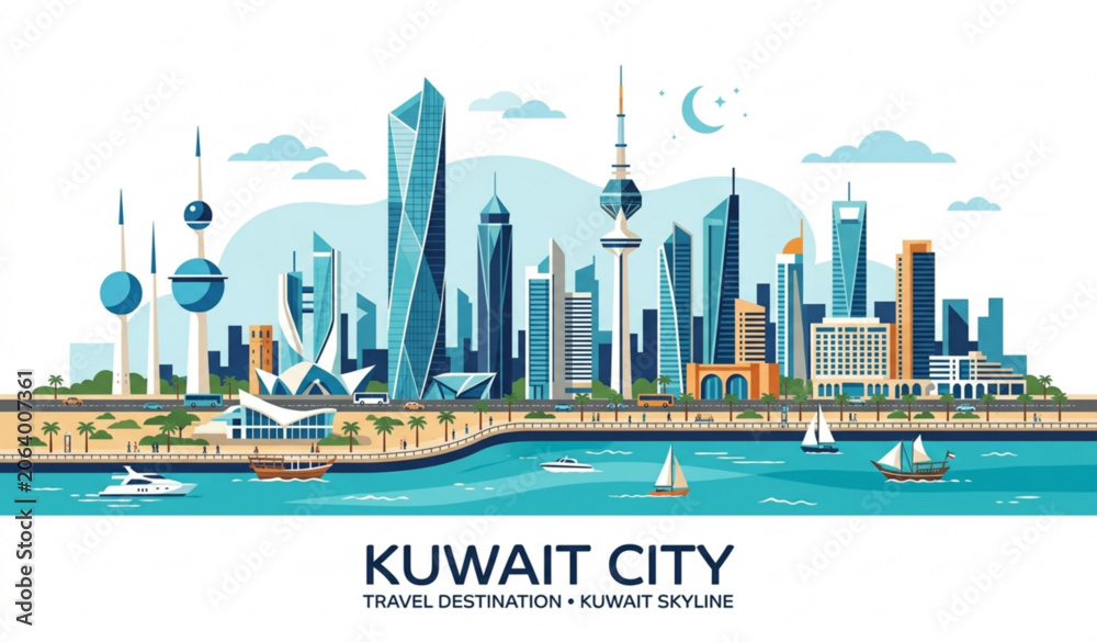 Fototapeta premium Kuwait City Skyline Panorama Vector Banner with Architectural Landmarks