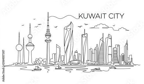 Fotografia Kuwait Skyline Outline Cityscape Vector Illustration for Travel and Tourism Desi
