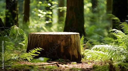 Sunlit Forest Stump with Fresh Green Ferns in Natural Woodland Setting