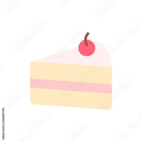 Cake slice flat icon. Sweet cake slice with strawberry cream filling and cherry topping illustration. Perfect for bakery branding, dessert packaging, stickers, and food designs.