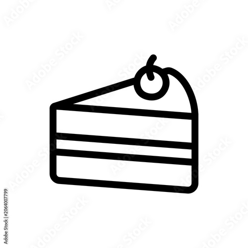 Cake slice line icon. Minimal dessert slice illustration with cream filling and cherry on top. Great for bakery menus, labels, icons, and sweet themes.