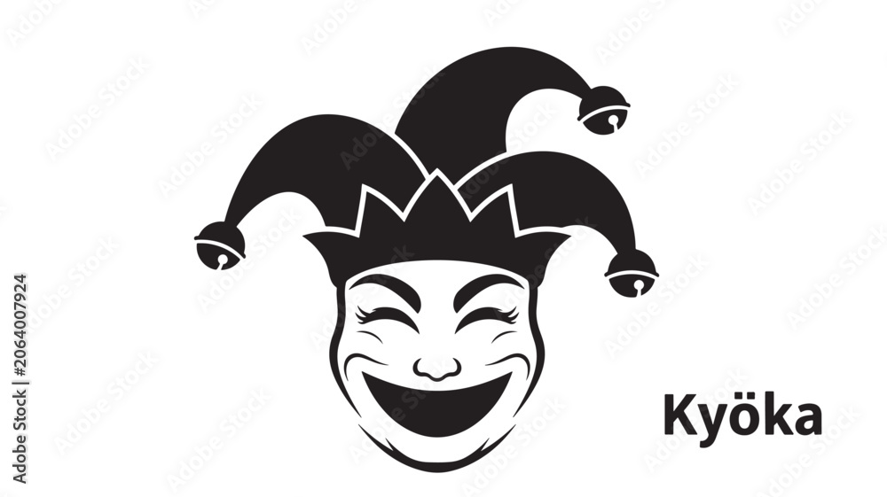 Fototapeta premium Joker Face Logo with Black and White Cap and Smiling Mouth on Clean White Background, Brand Typography Beside It
