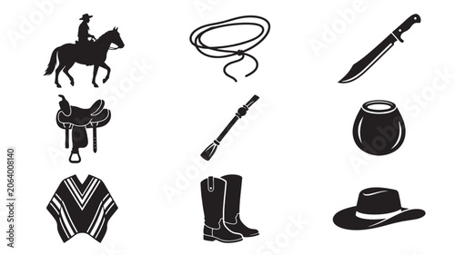 Konstfotografi Cowboy Icons Set with Horse, Lassoo, Knife, Pistol, Rope, Candle, Poncho, Boots,