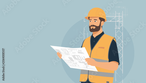 Foto A bearded construction worker in a hard hat and safety vest examines blueprints on a job site