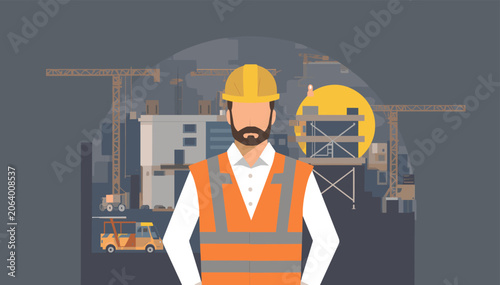 фотографія A man in a hard hat and safety vest stands before a busy construction site with cranes and buildings under development