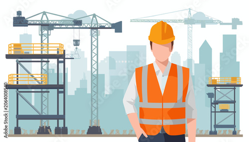 Εκτύπωση καμβά Construction worker in safety gear standing in front of a busy construction site with cranes and city buildings