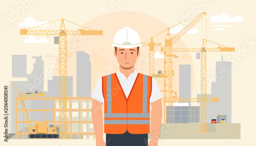 Quadro su tela A man in a hard hat and safety vest stands in front of a busy construction site with cranes and buildings under development