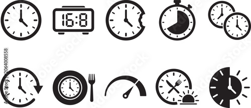 Various time related icons featuring clocks digital displays timers and scheduling symbols for efficiency and time management concepts.