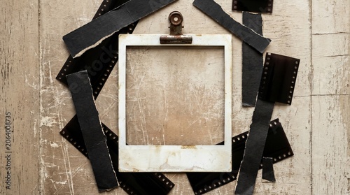 Polaroid Frame With Film Strips On Wood Grain Photo