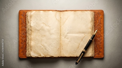 Open leather bound journal with fountain pen overhead view