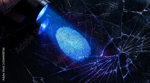 Fingerprint Illuminated By Flashlight On Shattered Glass Forensic Photography