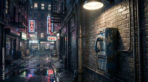 Street payphone mounted on brick wall nighttime urban scene