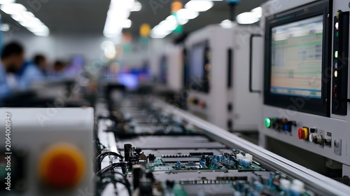 A dynamic view of a powerful electronic assembly line symbolizing modern industrial production and technological innovation