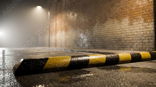 Yellow and black striped parking curb in a dimly lit wet alleyway