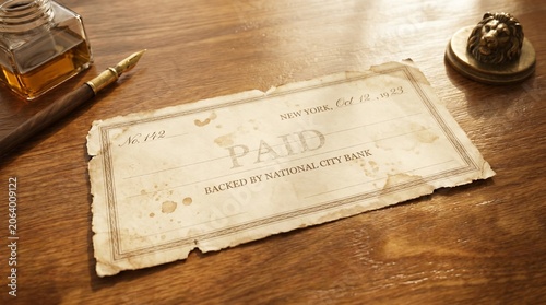 Vintage paid check with inkwell and pen detailed financial document