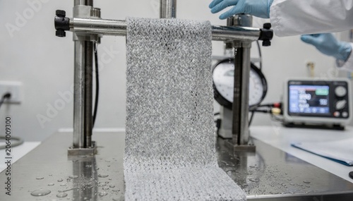 Medium shot capturing fabric undergoing wet tensile testing highlighting the influence of moisture on the elongation and durability of weft knit textiles in a lab setting.