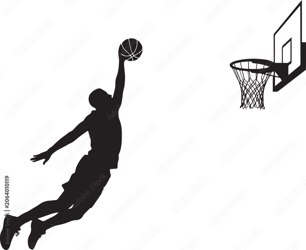 Obraz premium Dynamic basketball player slam dunk silhouette vector illustration with hoop and ball isolated on white background sports design