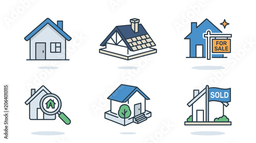 Cuadro en lienzo Real Estate Icons Set: Houses, For Sale, Sold, Search, New Home