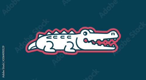 Cartoon White Alligator Illustration with Pink Outline on Dark Teal Background