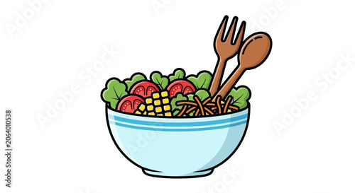 Fresh Garden Salad in a Bowl with Wooden Utensils, Healthy Food Illustration