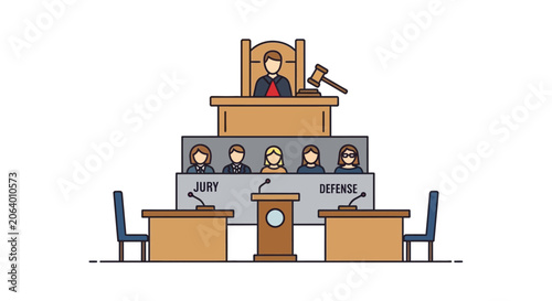 Courtroom Illustration: Judge, Jury, Defense, Gavel, Justice System