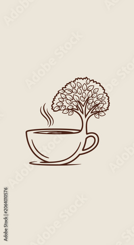 Coffee cup with tree growing from it, symbolizing nature and organic drink concept