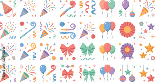 Colorful birthday party icon set with confetti poppers balloon bouquets ribbon bows and award rosettes vector illustration isolated on white