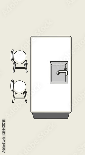 Minimalist Kitchen Scene: Refrigerator, Sink, and Two Chairs - Top View