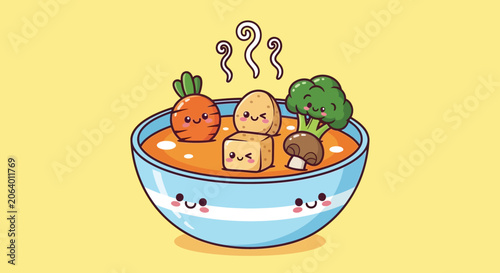 Cute Kawaii Vegetables and Tofu in a Bowl of Soup, Cartoon Food Illustration