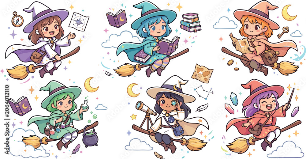 Obraz premium Cute little witch cartoon character set flying on broomsticks reading spellbooks holding maps and telescope vector illustration isolated on white