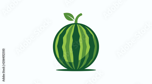 Cuadro en lienzo Green striped whole watermelon fruit with stem and leaf
