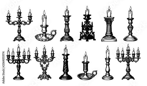 Photos Vintage Candle Holder and Candlestick Sketch Vector Collection