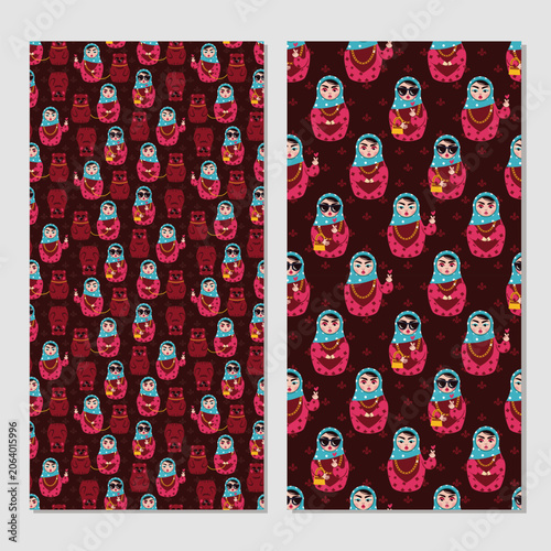 Trendy Matryoshka and Bear Pattern Set. Luxury Nesting Dolls with K-Pop Finger Heart Sign