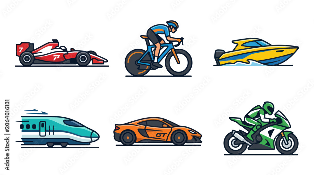 Naklejka premium Diverse Transportation and Sports Vehicles Collection: Formula 1, Cyclist, Speedboat, Train, Car, Motorcycle