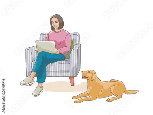 Young woman working remotely on a laptop while her pet dog rests nearby at home. Cozy work from home lifestyle, pet owner and remote work concept.