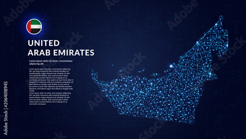 Map of United Arab Emirates. Digital and interconnected country highlighting most important cities.
