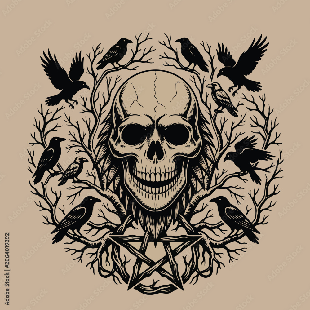 Fototapeta premium Vintage tattoo illustration of a human skull with black ravens on bare tree branches and a pentagram
