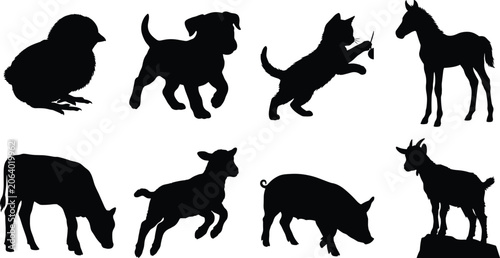 Silhouette Icons of Baby Farm Animals Including Chick, Puppy, Kitten, Foal, Calf, Lamb, Piglet, and Goat