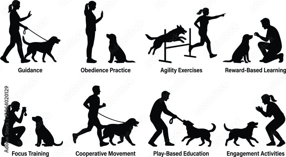 Fototapeta premium Silhouette Icons of Dog Training and Activity Methods Including Obedience, Agility, Play, and Positive Reinforcement