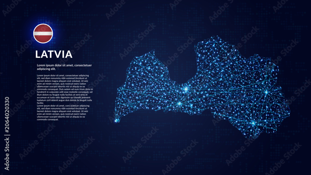 Obraz premium Map of Latvia. Digital and interconnected country highlighting most important cities.