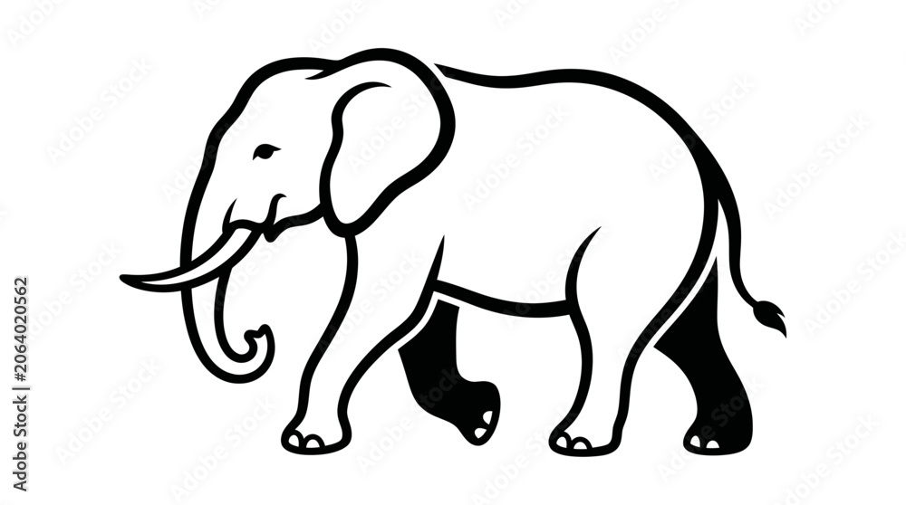 Fototapeta premium African elephant with tusks walking in side profile line art