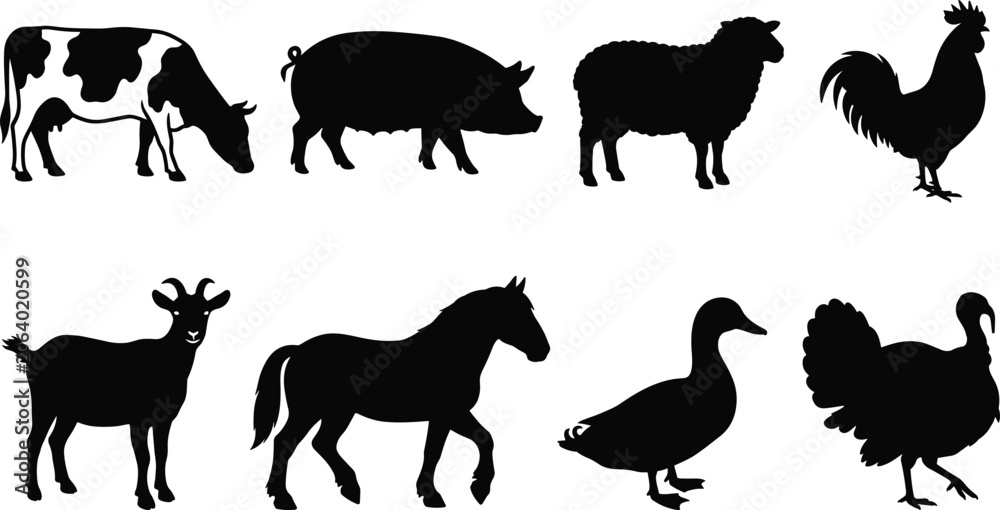 Fototapeta premium Silhouette Icons of Farm Animals Including Cow, Pig, Sheep, Goat, Horse, Duck, Rooster, and Turkey