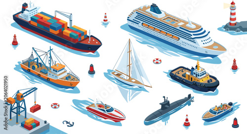 Schilderij op canvas Isometric marine vessels set with cargo ship cruise liner yacht submarine tugboa