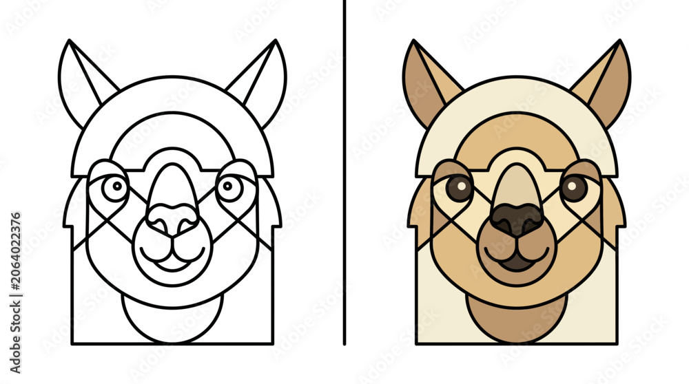 Obraz premium Geometric llama head vector in line and color versions.