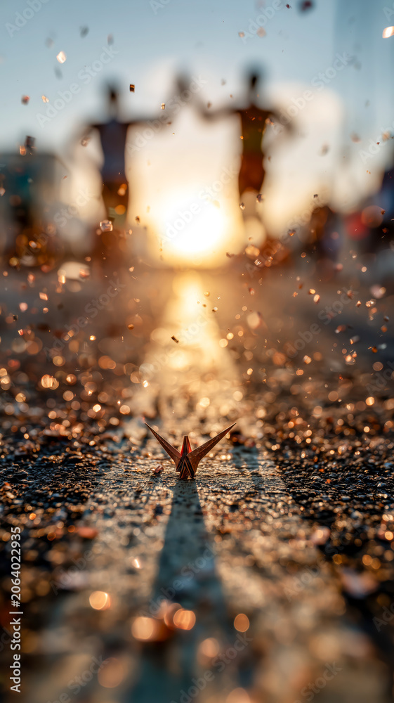 Fototapeta premium Origami crane on a race path, symbolizing hope and journey