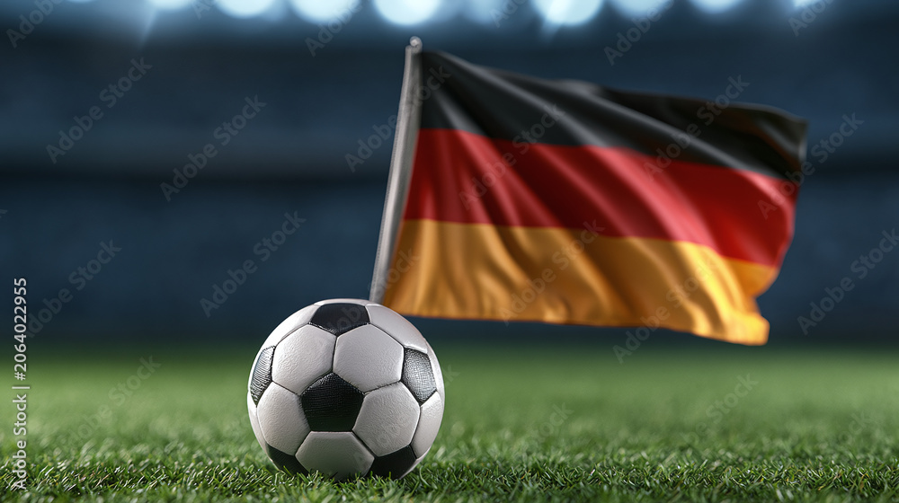 Fototapeta premium Soccer Ball and National Flag on Green Field at Night Stadium