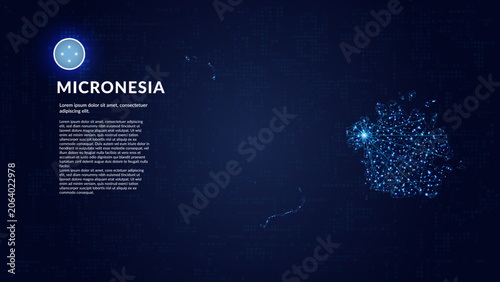 Map of Micronesia. Digital and interconnected country highlighting most important cities.