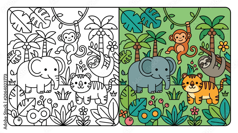 Fototapeta premium Jungle animals scene with elephant line art and color.