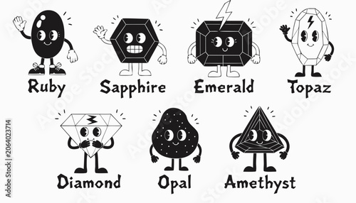 Schilderij op canvas Very beautiful black-and-white cartoon character set featuring ruby, sapphire, e