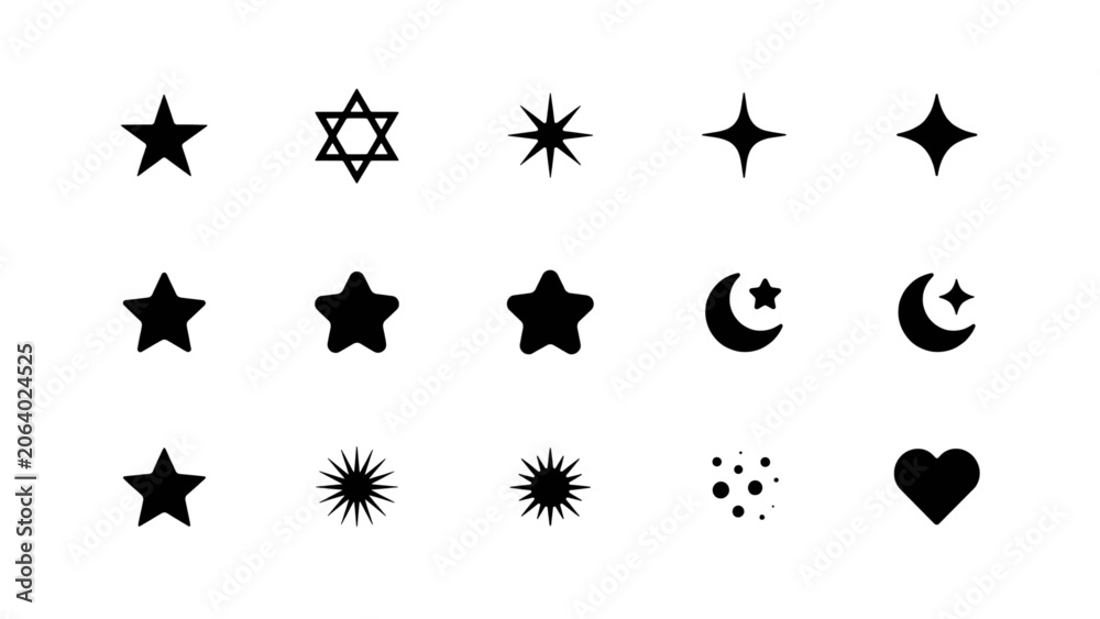 Fototapeta premium Set of twelve minimalist celestial and star icons in black and white Vector